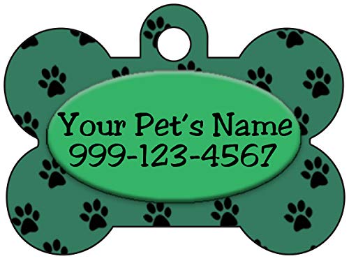 Personalized Dog Tag Pet ID Tag Paw Prints w/Name & Number (Green)