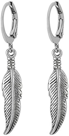 Mens Womens Stainless Steel Huggie Hinged Hoop Earrings with Dangling Vintage Feather Leaf