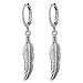 Mens Womens Stainless Steel Huggie Hinged Hoop Earrings with Dangling Vintage Feather Leaf