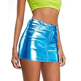 Kisidoo Metallic Shiny Skirts Y2K Low Waist Sparkly Rave Bodycon Mini Cargo Skirts with Pocket