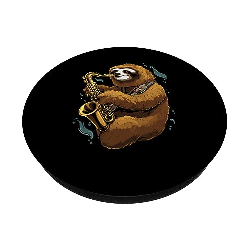 Saxophone Sloth Marching Band Saxophonist Jazz Music PopSockets Swappable PopGrip, Black - Image 2