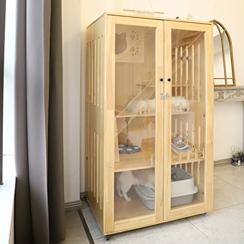 Laifug Large Wooden Cat House for Outdoor and Indoor Cats,Luxury Multi-Feature Cat Condo with Cat Scratching Posts 59in Oversized Cat Villa on Wheels
