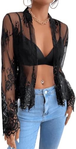 Romwe Women's Floral Lace Cardigan Long Sleeve Open Front Top Black XL