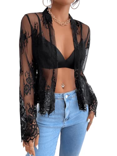 Romwe Women's Floral Lace Cardigan Long Sleeve Open Front Top Black Xl #TOP2