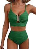 Herseas Womens Sexy U Wired Ruched Push Up 2 Piece Bikini Tummy Control High Waisted Cutout Adjustable Straps Swim Suits Dark Green Medium