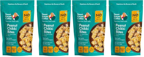 Image of Sweet Karam Coffee Peanut Chikki Bites - Pack of 4 (150g Each) | No Palm Oil or Preservatives | Jaggery Sweetened | White Sugar Free | High Protein & Fiber | Kadalai Mittai Gajak | Healthy Indian Snack