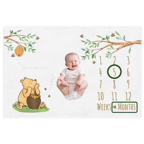 Image of Classic Winnie Bear Baby Milestone Blanket Boy, Pooh Baby Growth Month Blanket Girl, First Year Calendar Monthly Growth Chart, Baby Boy Shower Gift, Newborn Photoshoot Mat, (Minky-Fleece, 60x40 inch)