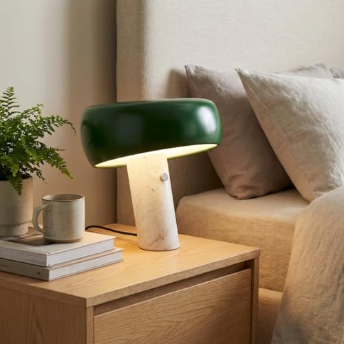 BARCELONA LED Lampada da Tavolo Moderna Verde con Base in Marmo Bianco, Design Classico e Lussuoso per Scrivania, Comodino o Soggiorno, Stile Retrò Elegante, Piccola Luce Diretta E27, 28cm