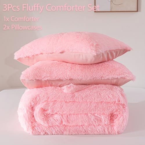Image of Pink Fluffy Queen Comforter Set - 3 Pieces Faux Fur Fuzzy Bedding Set for Girls, Plush Shaggy Warm Velvet Bed Set with Pillowcases (Pink, Queen)