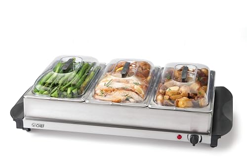 COMMERCIAL CHEF Food Warmer and Food Tray, Portable Food Warmer and Buffet Warmer with 3 Buffet Trays with Lids, 3-Hour Electric Warming Tray with Handles, Stainless Steel COMMERCIAL CHEF Food Warmer and Food Tray, Portable Food Warmer and Buffet Warmer with 3 Buffet Trays with Lids, 3-Hour Electric Warming Tray with Handles, Stainless Steel