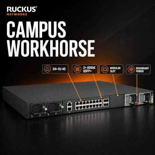 Image of Ruckus ICX7550-24-E2 Managed Switch, 24x 10 /100 /1000 Mbps RJ-45, 2x 40GbE QSFP+ + Modular Expansion Slot Uplinks - Stackable Campus Switch, 40 /100G Uplinks, Multigigabit PoE++ Ready