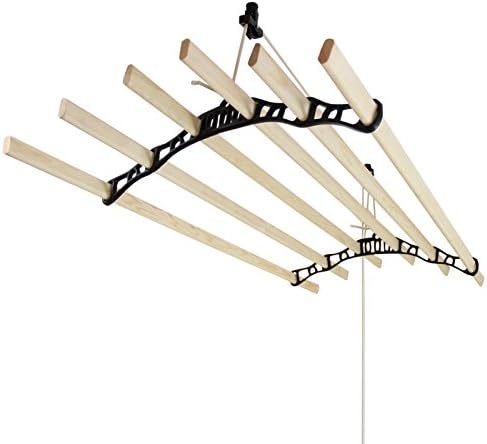 Clothes Airer Hanging 2.4m Ceiling Pulley Clothing Rack Traditional Maid Drying Rail 6 Lathe Wooden Mounted Laundry Dryer For Kitchen Utility Black