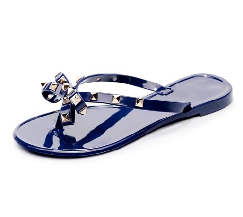 OMGard Studded Sandals for Womens Jelly Shoes Bow Flip Flops Womens Navy Blue Jellies Flat Summer Beach Thong Slides with Rivets Dressy Slippers Slip On