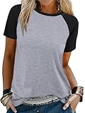 Remidoo Womens Short Sleeve T Shirt Summer Casual Loose Fit Raglan Shirts Color Block Tops Grey Medium