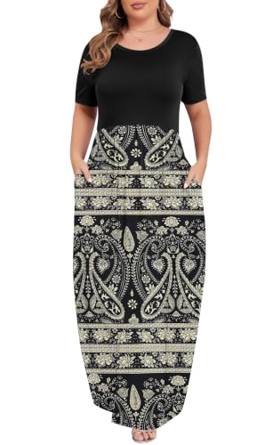 Image of KARALIN Women Plus Size Maxi Dress Short Sleeve Round Neck Loose Fit A-Line | Plus Size Long Dress,Summer Casual Maxi Dresses,Short Sleeve,Side Pockets,Round Neck,Elastic Waist,14 Plus - 26 Plus