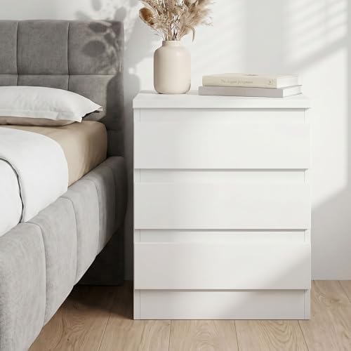 IDIMEX Table de Chevet Burgos, Commode Table de Nuit avec 3 tiroirs sans poignée, en mélaminé Blanc Mat
