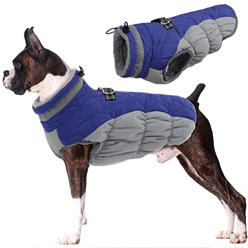 Lelepet Dog Coat Warm Dog Winter Coat Waterproof Dogs Jacket with Harness Built in Reflective Pet Fleece Vest Zip-Up Cold Weather Coats for Large Dogs Turtleneck & Windproof Coats Boston Terrier Blue