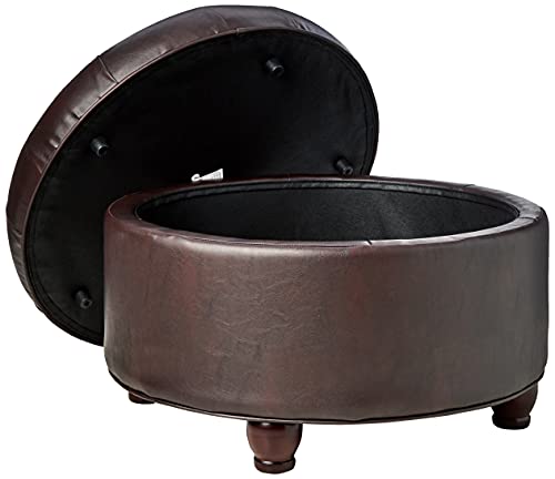 Homepop Home Decor | Large Button Tufted Faux Leather Round Storage Ottoman | Ottoman With Storage For Living Room & Bedroom (Distressed Brown) #TOP3