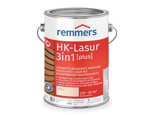 Remmers HK-Lasur 3in1 [plus] weiß, matt, 2,5 Liter, Lösemittelreduzierte Premium-Holzschutz-Lasur für außen, 3in1, schnelltrocknend, langlebig