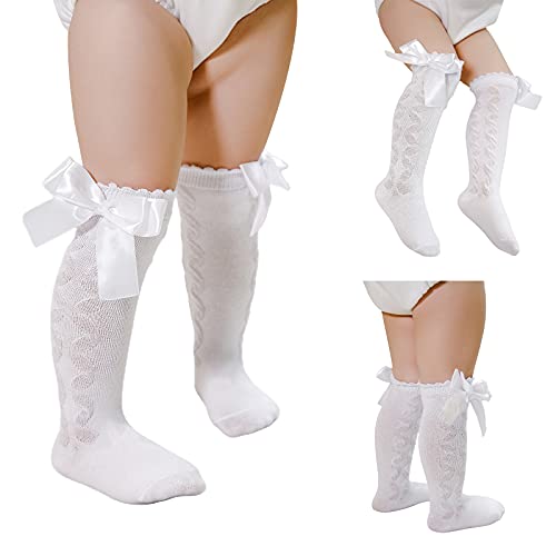 Xulahul Kleinkind Neugeborenes Baby Mädchen Kniestrümpfe Weiche Zopfstrick Baumwollstrümpfe Spitze Anti Rutsch Strümpfe Rüschen Bowknot Leggings Gerippte Lange Socken Mesh Wärmer (Weiß, 6-18 Monate) Cover