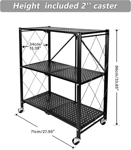 Image of Kitchen Garage Metal Shelves, Storage Shelves Organizer, Foldable Metal Shelving, Closet Shelving Unit, 28 inch W x 14 inch D x 34 inch H Bakers Rack Microwave Stand, Plant Stand with Wheels (3-Tier Shelf)
