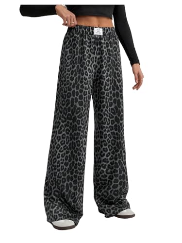 RoseSeek Women's Leopard Print Wide Leg Pants Patched Elastic Waist Casual Loose Trousers Dark Grey Tall-L