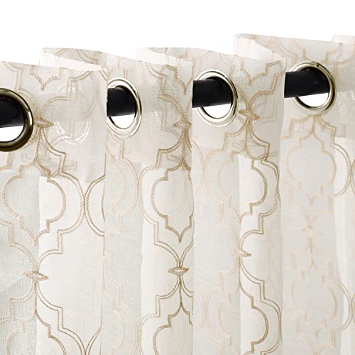 Superior Modern Embroidered Imperial Trellis Sheer Grommet Curtain Panel Set, Light Semi-Sheer Window Curtains For Kitchen, Bedroom, Dining/ Living Room, Farmhouse, 2 Panels, 52" W X 63" L, Champagne #TOP1