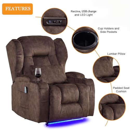 Image of Oprisen Wall Hugger Power Recliner Chair Set of 2, Overstuffed Home Theater Seating w /Heat Massage Electric Movie Gaming Sofa Reclining Sleeper Chair with LED Light /Lumbar Pillow /Cup Holders