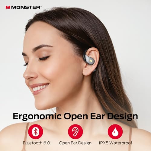 Image of Monster Open Ear AC328 Wireless Earbuds, Open Ear Headphones 32H Playtime, Lightweight Comfort Bluetooth Earbuds, Bluetooth 6.0 Earphones Stereo Sound, Water Resistant Design for Sports, Black