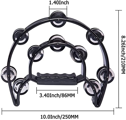 2Pack 10\" Double Row Tambourine for Adult, Half Moon Musical Tambourine 20 Metal Jingles Hand Held Percussion Drum, Plastic Musical Percussion Tambourines for Adults, Church, KTV, Party, Black & White
