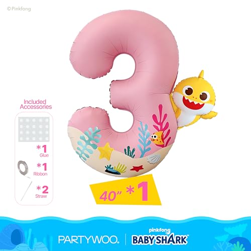Image of PartyWoo Baby Shark Pink Foil Number 3 Balloon 40 Inch Pink Mylar Helium Birthday Number Balloons for Girls and Boys Baby Shark Under the Sea Ocean Theme Kids Third Birthday Party Decorations