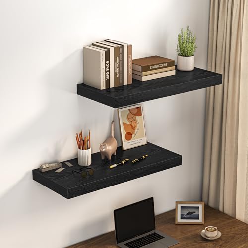 Image of Dreamland 32 inch Floating Shelves for Wall, 12 inch Deep Thicker Black Floating Shelves, Wall-Mounted Shelves for Bedroom, Living Room, Kitchen, Bathroom - Set of 2