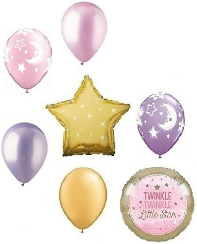 Twinkle Twinkle Little Star Moon Girl Pink Baby Shower Balloon Bouquet Decorating Kit 7 Piece Mylar and Latex Balloons Set -Plus (1) 66' (66 Foot) Roll of Curling Balloon Ribbon