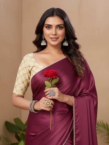 Image of FABIAN FASHION Women's Plain Japan Satin Silk Saree with Pearl Lace Border, Includes Unstitched Matching Blouse Piece - Elegant Saree(AVN 1694)