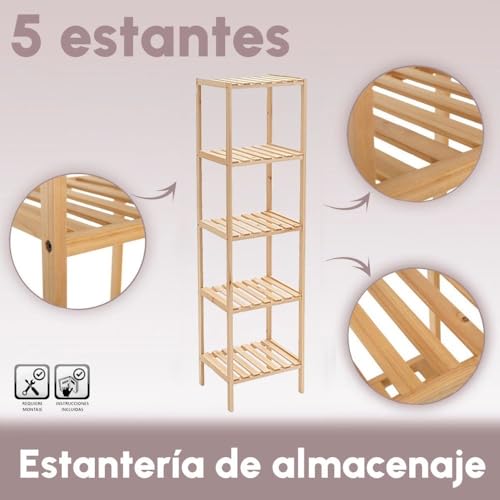 Miniatura 3 de Estantería Con 5 Baldas De Madera De Abeto Natural 35x30x130 Cm, Estante Decorativo Para Almacenaje En Bano, Cocina, Salón, Dormitorio, Estilo Rústico Y Moderno