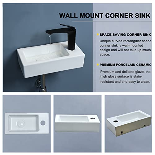 Bathivy Corner Sink Bathroom Wall Mount Sink Rectangle White Ceramic Porcelain Sink Small Cloakroom Sink Wall Hung Vanity Vessel Sink Wash Basin With Faucet Hole And Drain (15"Lx7.5"W(Right Hand)) #TOP2