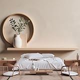 Murales de pared de tamaño personalizable, tono cálido escandinavo, minimalista, estante de madera rubio claro flotante, jarrón de cerámica blanca mate, ramitas de hojas verdes, papel tapiz