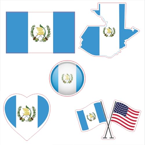 Image of Set of 5 National Flag Themed Sticker Decal of Flag, Country Map, Circular Shape, Heart Shape and with USA Flag for Car, Phone, Circular Shape, Laptop, Mug, Bottle, Textbooks (Guatemala)