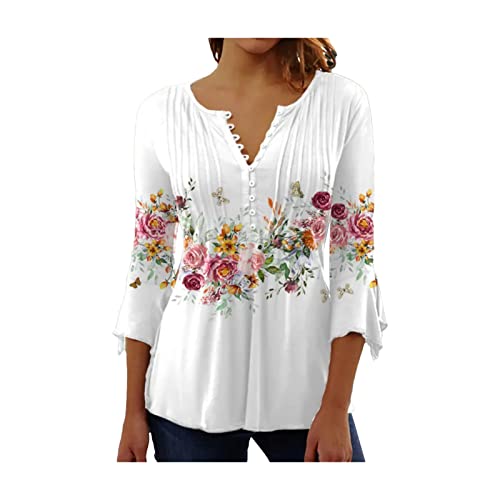Blusa Feminina Com Decote Em V, Manga 3/4 Apertada na Cintura Elegante Blusa Feminina Com Botões Man