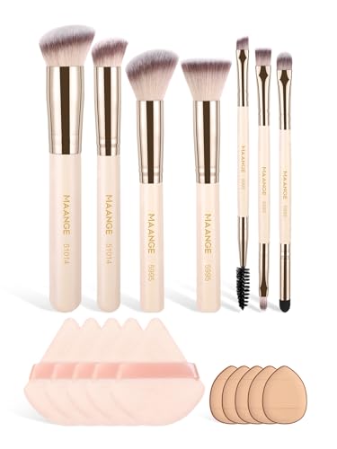 MAANGE Makeup Brush Set 17Pcs Makeup Brushes Foundation Contour Powder Blush Concealer Double-ended Eyeshadow Brush Set for Liquid, Cream, Powder (Beige)