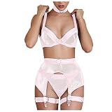 LUNULE Damen Dessous Strapse Set Reizvoller Spitze Perspektiv Hohle BH und Slip Reizwäsche Sexy Transparent Mesh Strapsgürtel Unterwäsche und Slip Reizwäsche Set für Frauen Erotik Babydoll Lingerie