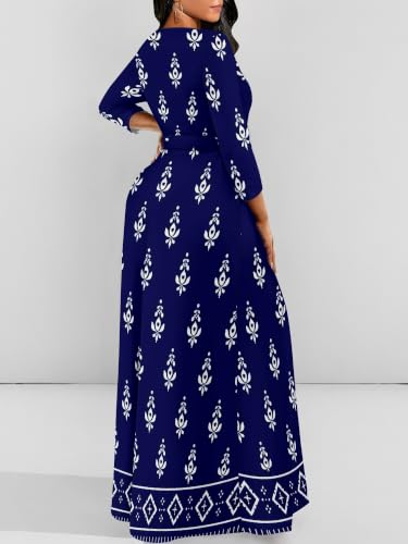 Image of Women Plus Size Long Sleeve V Neck Maxi Dress with Belt | Soft fabric relaxed fit three quarter sleeve v neck with pockets for party and daily wear