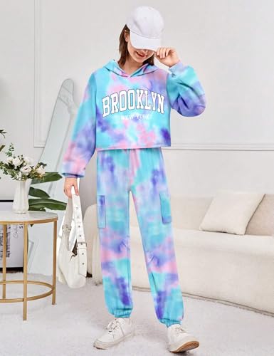 CRISONE Girls Clothes Tie Dye Brooklyn Print Tops Hoodies Sweatshirt Sweatpants with Pockets 2PCS Girl Outfits3