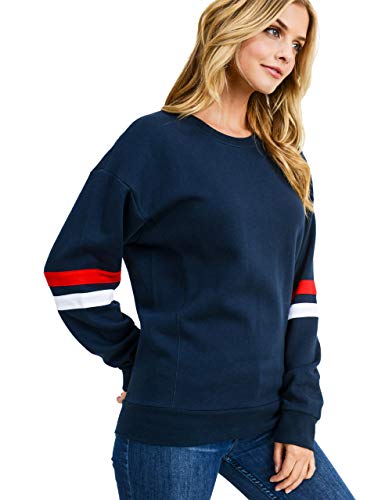 esstive Women's Ultra Soft Fleece Lightweight Casual Stripe on Sleeves Varsity Solid Sweatshirt, Navy, Medium