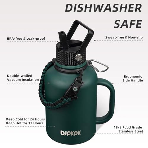Image of BJPKPK Large Insulated Water Bottles with Straw Lid & Handle, 50oz Water Bottle with 3 Lids and Paracord Strap, Stainless Steel Metal Water Bottle, Insulated Water Jug, Army Green