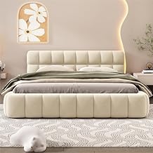 Upholstered Platform Bed, Bed with Square Grid Soft Bag,Platform Bed with Thick Fabric, Grounded Bed with Solid Frame, Queen Size,Beige