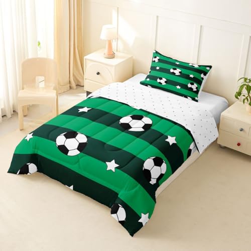 Image of Feelyou Soccer Comforter Set Twin Size Kids Football Pattern Games Bedding Set for Boys Girls Teens Sports Theme Green Geometric Stripes Duvet Quilt Room Decor