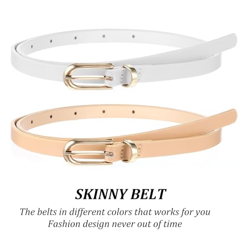 4 Pack Women Skinny Leather Belts for Jeans, Thin Waist Belt with Metal Buckle for Ladies, Dresses, Pants (39 Inches, White, Black, Cream Color, Coffee)3