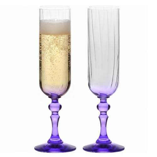KROSNO Champagne Flutes with Violet Stem Set of 2, 6.8 oz, Bubble