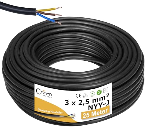 NYY-J 3x2,5mm² 25m Erdkabel Länge am Stück | Elektrokabel Ring für Verlegung im Erdreich & Außenbereich | Kupfer Eindrähtig DIN VDE 0276 Teil 603/627 | Deutsche Markenhersteller